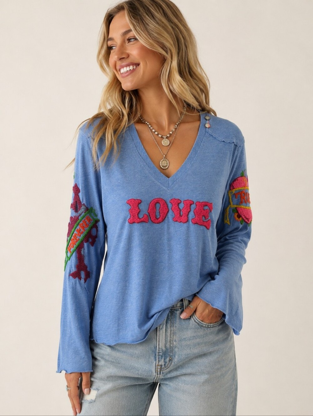 Johnny Was Joystick LOVE Hand Embroidered V-Neck Top Blue Size L